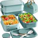 KEMETHY Adults Bento Lunch Box Set with Thermo Bag, 74oz Stackable Leak-proof 3-tiers Bento Box, Built-in Utensil and Sauce Container for Work, School, Dining Out (Green)