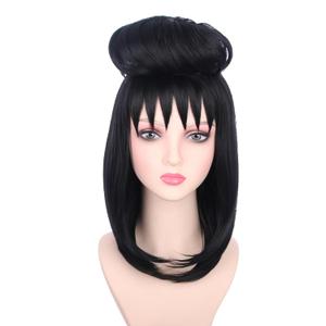 Kids Black Wig with Bangs Child Straight Black Wig with Bun for Girls Cosplay Wig wig for Halloween Synthetic Wigs with Wig Cap