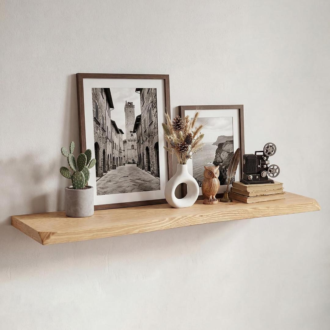 48 Inch Floating Shelves for Wall Decor, 88lbs Solid Spruce Wood Live Edge Floating Shelves, 8" Deep Rustic Wall Shelf for Bathroom Kitchen Bedroom Living Room, Invisible Bracket, Natural(Set of 1), 48nches