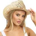 AQOKKA Straw Cowboy Hats for Women Men Western Cowgirl Hats with Shapeable Brim Woven Hollow Out Unisex Beach Roll Up Caps (Beige)