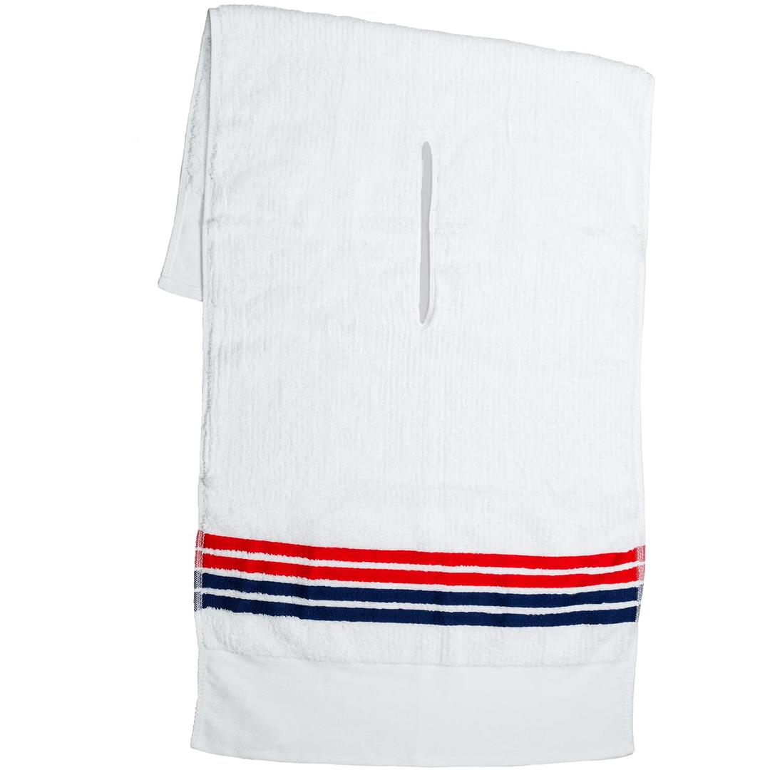 Golf Guys The Tour Towel | Large 19" x 44" Golf Caddy Towel, Terry Cloth, Absorbent, White W/Red Stripes & Navy Stripes