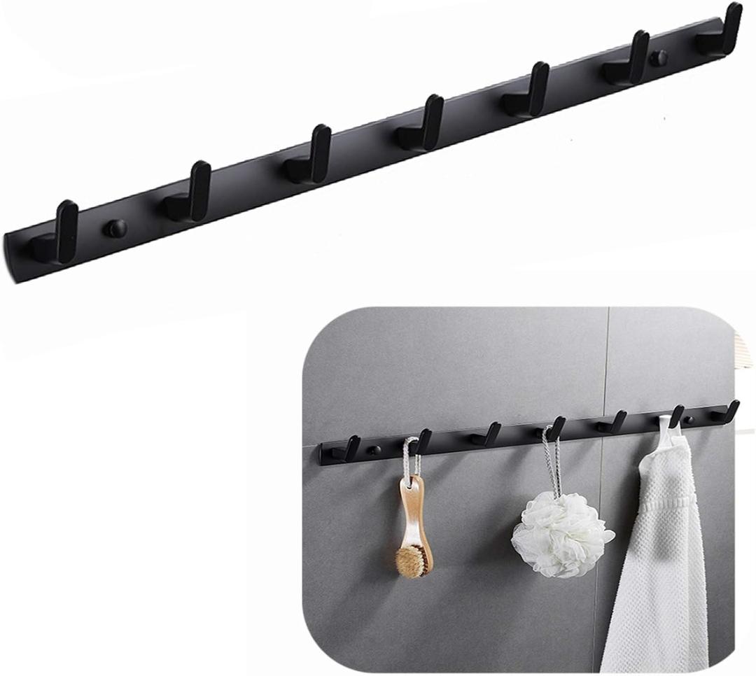 Wall Mounted Coat Racks with 7 Hooks Hanging Holder Towel Rack 25.7"x1.3" Modern Black Hanging for Clothes Entryway Bathroom (7 Hooks)