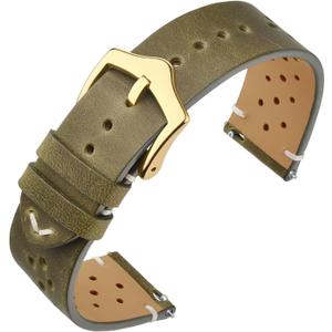 ANNEFIT Vintage Leather Watch Strap, Quick Release Watch Bands for Men and Women, Choice of Width 18mm 19mm 20mm 22mm (Green/Gold Buckle)