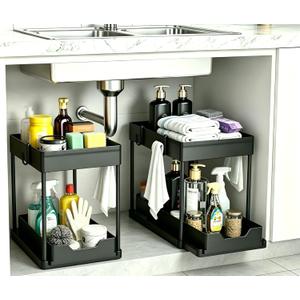 DEKAVA Under Sink Organizer 2 Pack, Bathroom Cabinet Organizer, 2 Tier Sliding Cabinet Basket Organizer Drawer, Multi-Purpose Bath Collection Baskets for Bathroom (Black)