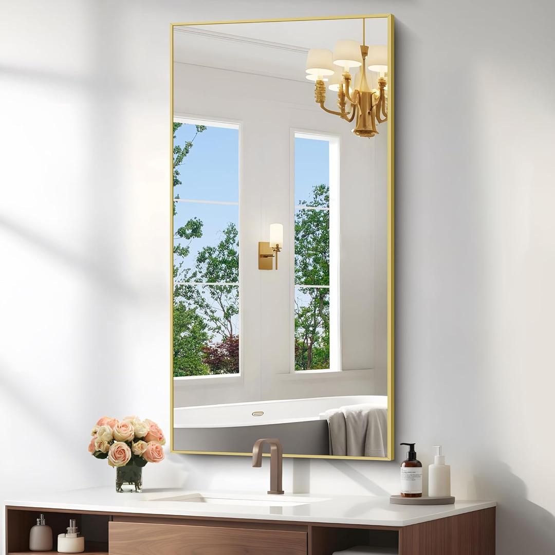 24x48 Inch Large Gold Wall Mounted Mirror,Aluminum Framed Decorative Rectangular Bathroom Mirror for Wall Over Sink,Vanity Mirror for Bedroom Living Room Bathroom,Functional Oversized Mirror