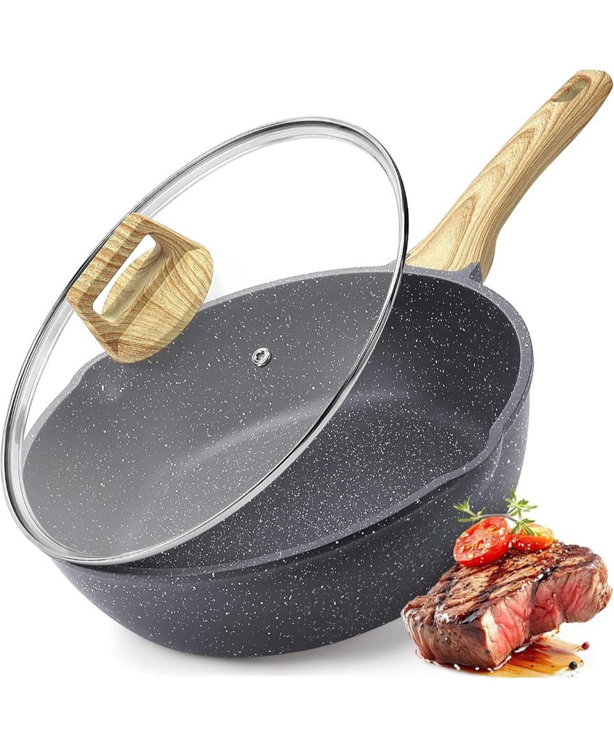 GiPP Nonstick Deep Frying Pan Skillet, 9.5" Saute Pan with Lid, Granite Induction Cookware Non Stick Cooking Pan, PFOA PFOS APEO Free