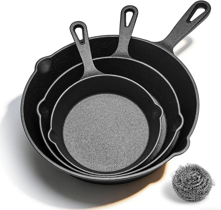 Cast Iron Skillet 3 Piece Set, Cookware Set 6, 8, 10 Inches, for Frying, Saute, & More, Easy Use in The Oven, Stove, Grill, or Campfire, Black, with Silicone Heatresistant Cover