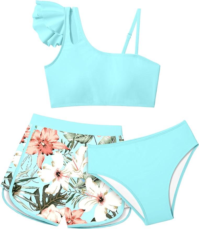 3 Piece Bathing Suit Criss Cross Bikini Set Girls' Swimwear with Shorts 7-16T