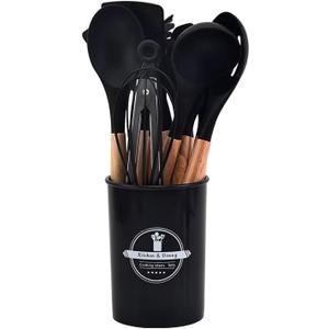 Eco-Friendly Silicone Kitchen Tools Sustainable Cooking Utensils 12-Piece Silicone Cookware Set | Custom Non-Stick, Heat-Resistant, BPA-Free Cooking Tools & Stirring Utensils (Black)