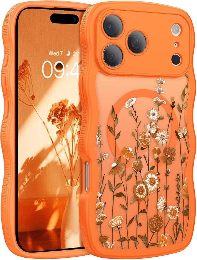 GUAGUA for iPhone 17 Pro Max Case, Magnetic Cases Cute Flower Pattern Wavy Edge Full Camera Protection Anti-Slip Bumper Women Girls Boys Slim Phone Case for iPhone 17 Pro Max 6.9'', Cosmic Orange