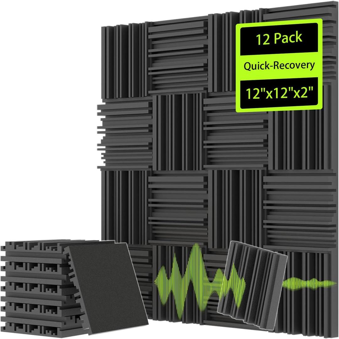 Sound Proof Foam Panels for Walls 12 pack, 2"x12"x12" Quick-Recovery Acoustic Panels Sound Absorbing, 3D Grooves Sound Proofing Panels Adhesive Not Include