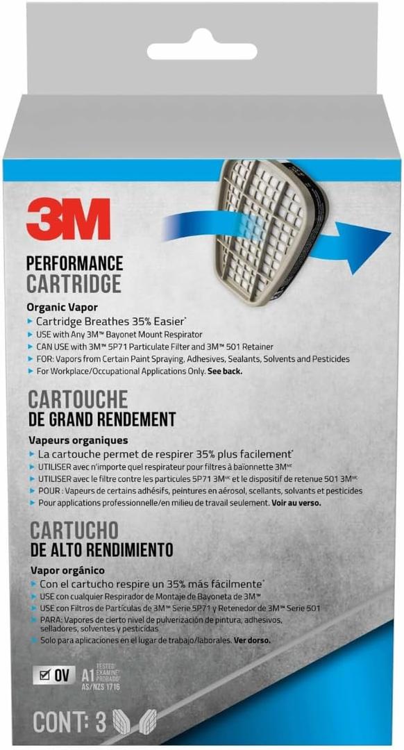 3M Organic Vapor Performance Cartridge, 3 Pairs, For Use With 3M 6000, 6500 & 7500 Series Facepieces, NIOSH-APPROVED OV For Use Against Certain Organic Vapors, Easy-To-Attach Design (6001P3-DC)