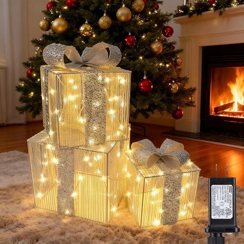 Lomotech Set of 3 Christmas Lighted Gift Boxes - Prel-Lit Gift Boxes with Timer, Lighted Christmas Presents for Xmas Tree, Yard, Holiday, Indoor Christmas Decorations(Silver Bow, Small)