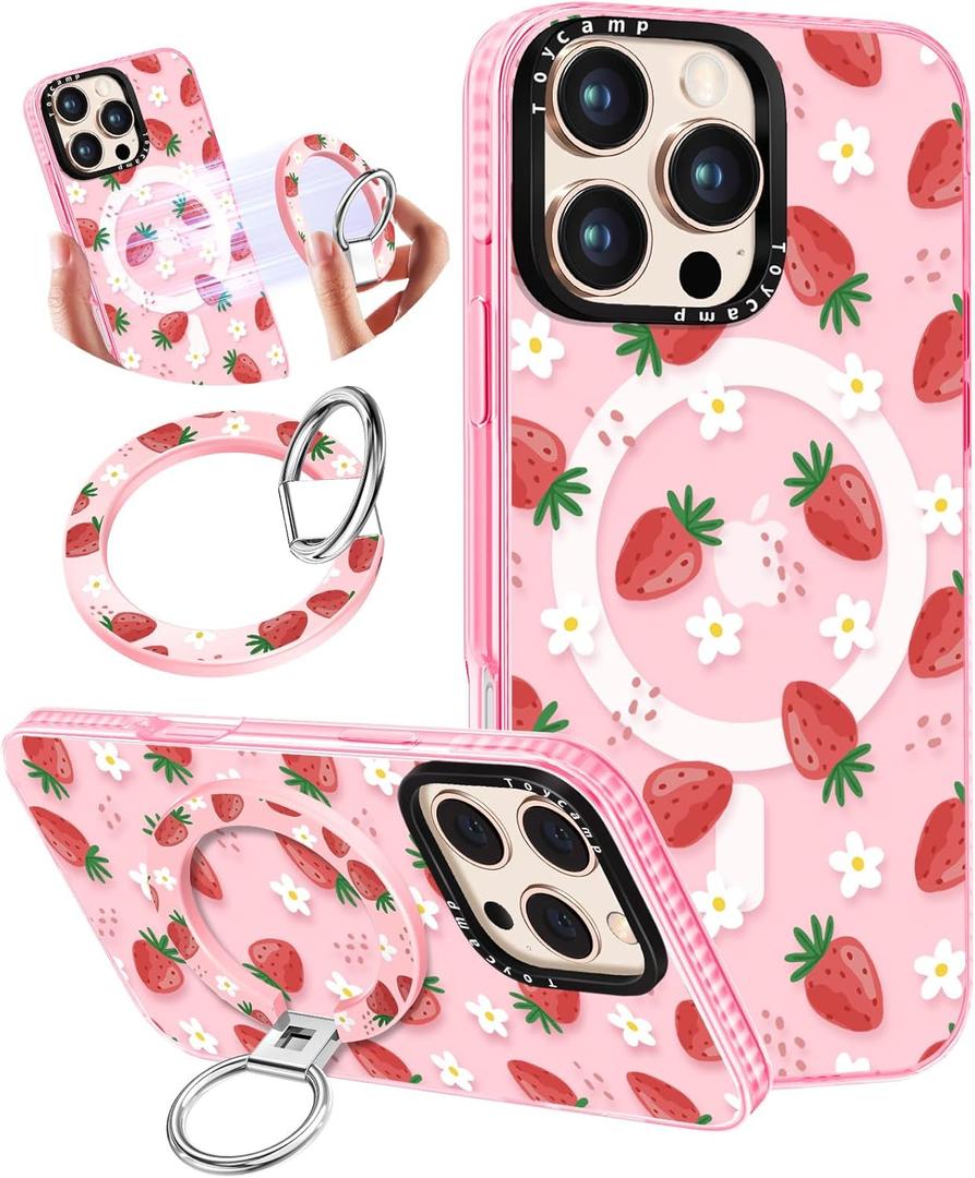Toycamp for iPhone 16 Pro Max Case Compatible with Magsafe - Cute Design 360 Magnetic Ring Holder Stand Kickstand Funny Strawberry Girly Pretty Fashion TPU Phone Covers for Women Tenn Girls