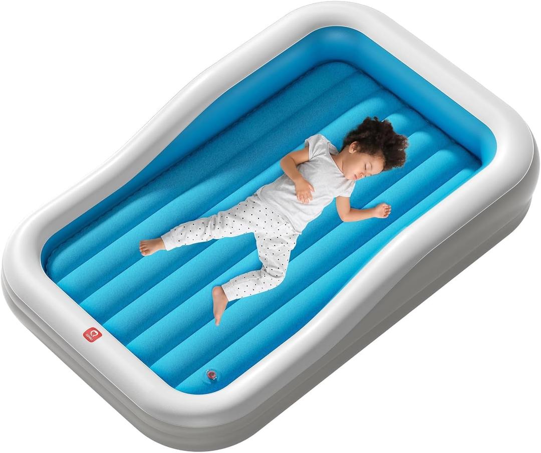 QPAU Inflatable Toddler Travel Bed with 3-Sided Safety Bumpers, Extra Large Kids Air Mattress, Includes Detachable Mattress, Portable for Camping, Travel, Home Use (Blue) QPAU Inflatable Toddler Travel Bed with 3-Sided Safety Bumpers, Extra Large Kids Air Mattress, Includes Detachable Mattress, Portable for Camping, Travel, Home Use (Blue)