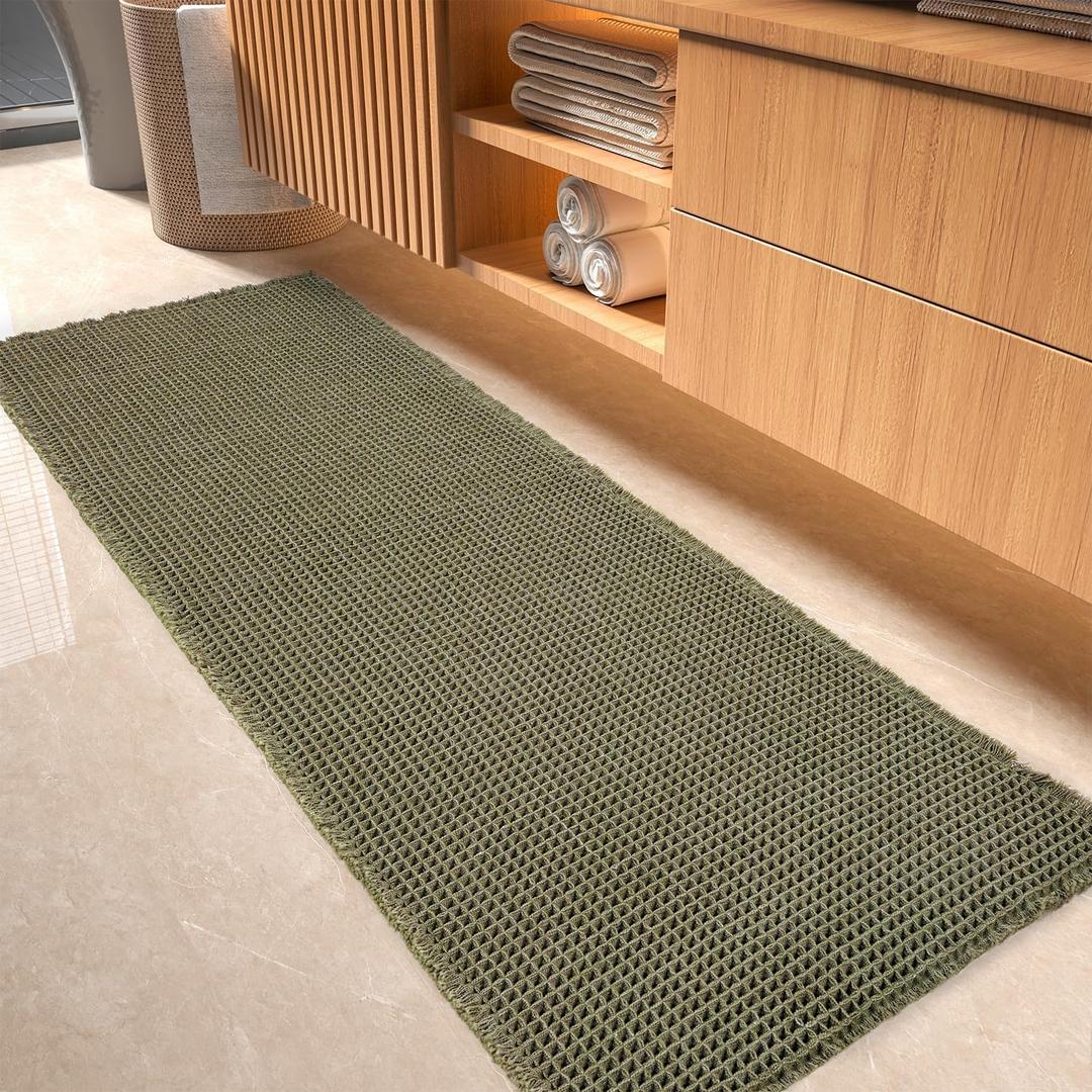 tchdio Waffle Bath Mat-Runner Rug, Super Absorbent Non Slip Bath Mats for BathroomMachine Washable Long Rugs with Tassels, Bath Rugs for Bathroom Floor Beside Tub, 2' x 6', Green