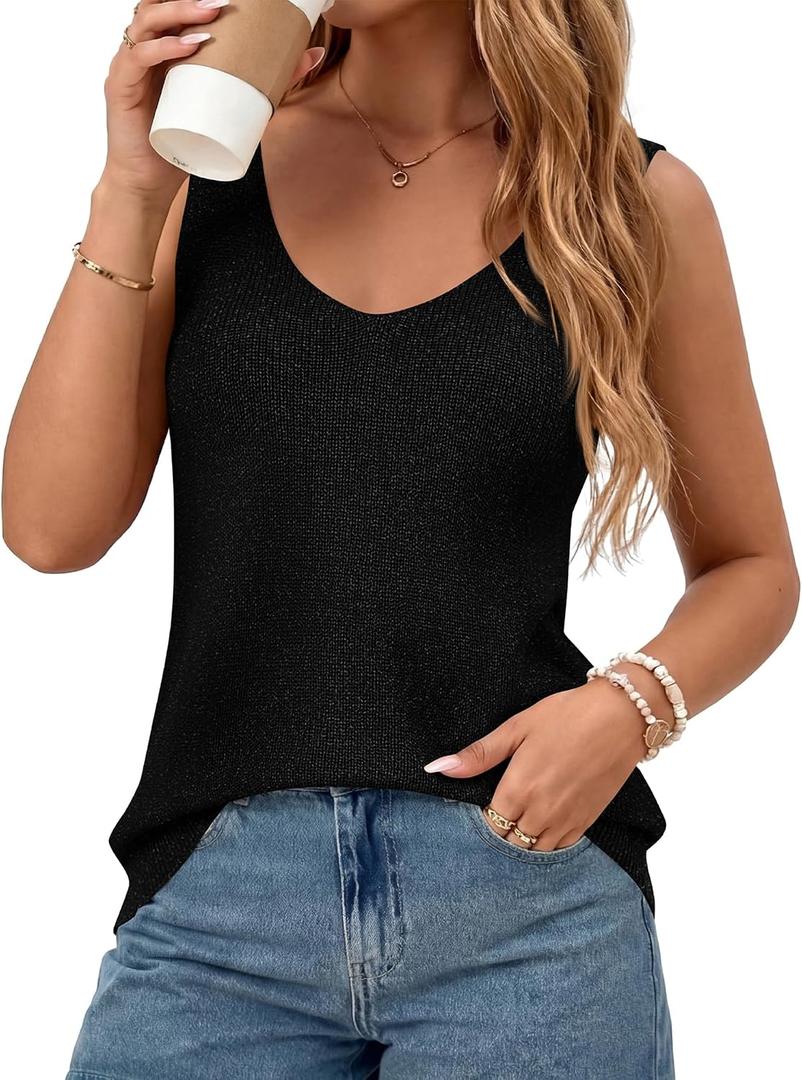 BTFBM Sweater Vest Women 2026 Spring Summer Sleeveless V Neck Sparkle Knit Basic Loose Fit Tank Tops Vacation Outfits (L)