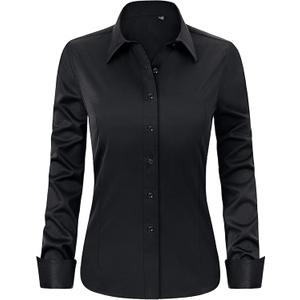 J.VER Womens Dress Shirts Long Sleeve Button Down Shirt Wrinkle-Free Business Casual Blouse Office Work Tops (Small, Black)