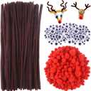 TUPARKA 650 Pcs Christmas Reindeer DIY Craft Set, Including 70 Pcs Brown Pipe Cleaners Chenille, 320 Pcs Googly Eyes, 260 Pcs Red Pom Poms Pompoms Red Noses for Craft