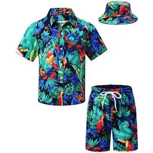 TUNEVUSE Little & Big Boys Hawaiian Button Down Shirts and Short Sets with Bucket Hat Summer Outfits Printed Kids Cabana Set, 7-8T