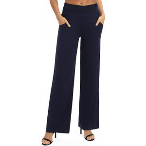 Women's Loose Straight Leg Palazzo Pants High Elastic Waist Causal Trousers with Pockets (XX-Large, Navy Blue)