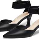 Coutgo Womens Kitten Low Heels Closed Pointed Toe Ankle Buckle Strap Pumps Suede Dress Wedding Shoes (7.5, Cool Black)