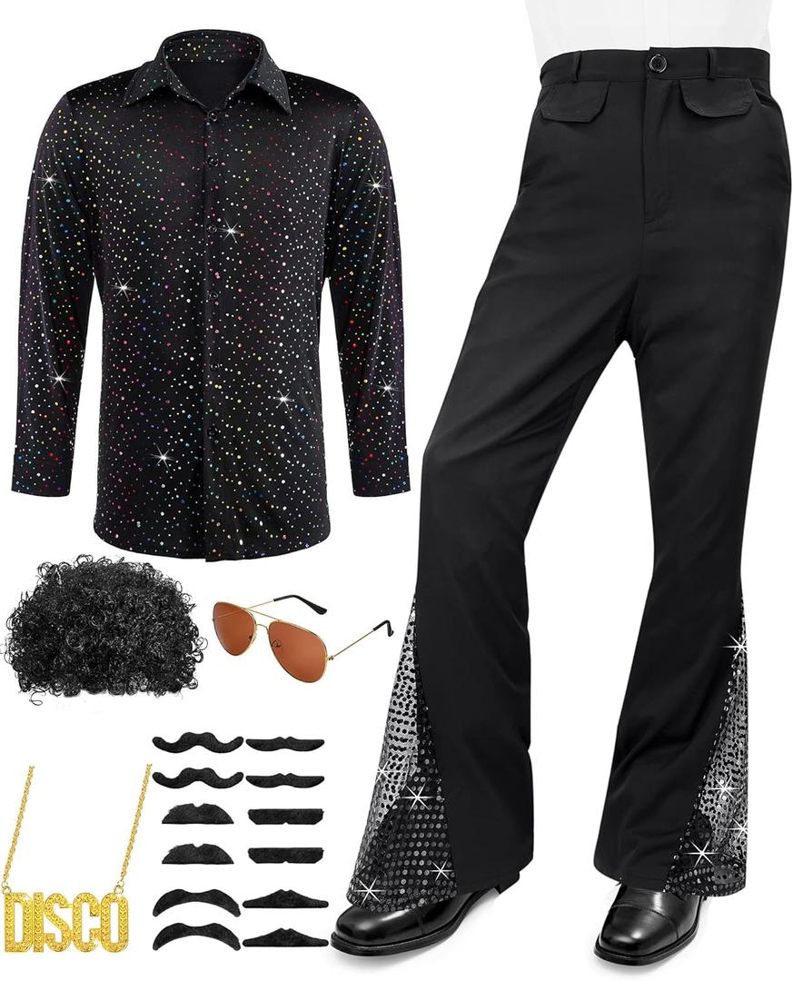 Mens 70s Disco Outfit Costume Bell Bottom Pants Shirts Wigs Necklace Mustache Sunglasses (XX-Large, Black)