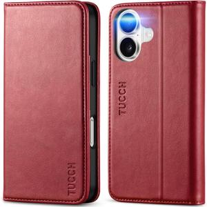 TUCCH Case Wallet for iPhone 16, PU Leather Flip Stand Folio Cover with [RFID Blocking] [3 Credit Card Slot] Shockproof [Soft TPU Interior Shell] Compatible with iPhone 16 2024, Dark Red