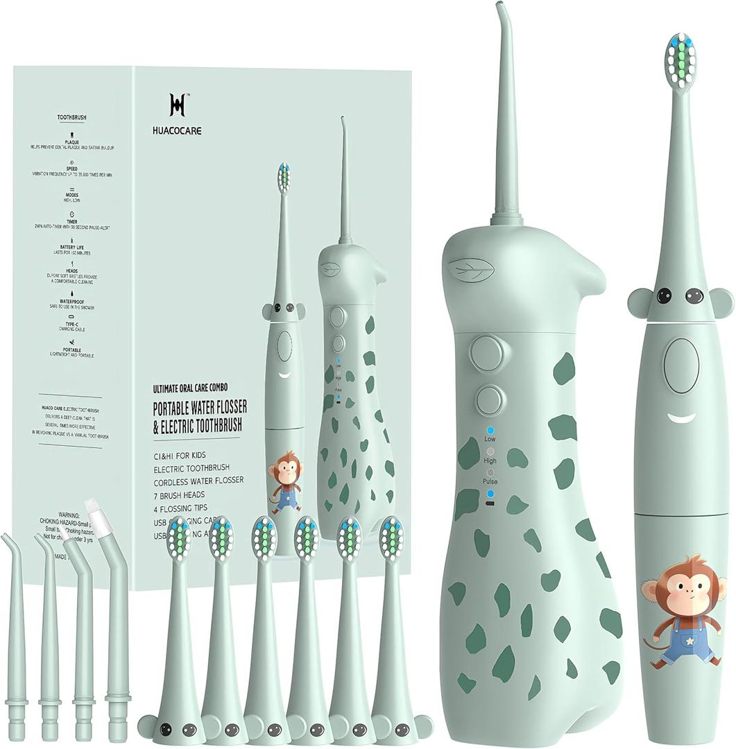 HUACOCARE Kids Water Flosser & Electric Toothbrush Combo | Giraffe & Monkey Design | 3 Gentle Modes & 2 Sonic Modes | All-in-One for Healthy Brushing Habits |Braces-Friendly | Gift for Boys & Girls (Lightgreen)
