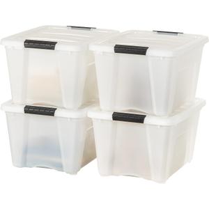 IRIS USA 32 Qt Stackable Plastic Storage Bins with Lids, 4 Pack - BPA-Free, Made in USA - Discreet Organizing Solution, Latches, Durable Nestable Containers, Secure Pull Handle - Pearl