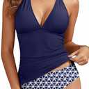 Yonique Womens Two Piece Swimsuits Tummy Control Tankini Plus Size Bathing Suit Halter V Neck Swimwear (Medium, Blue Geometric)