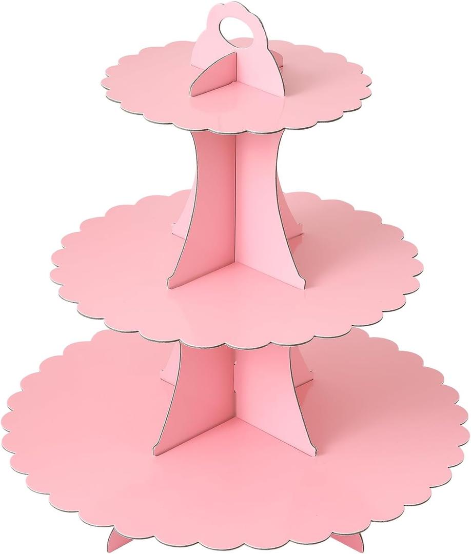 Soleebee 3-Tier Cupcake Stand, Cardboard Cupcake Tower, Dessert Cup Cake Stand Tower for Birthday Wedding Party Decoration, Cupcake Tier Stand 1 Set (Pink)
