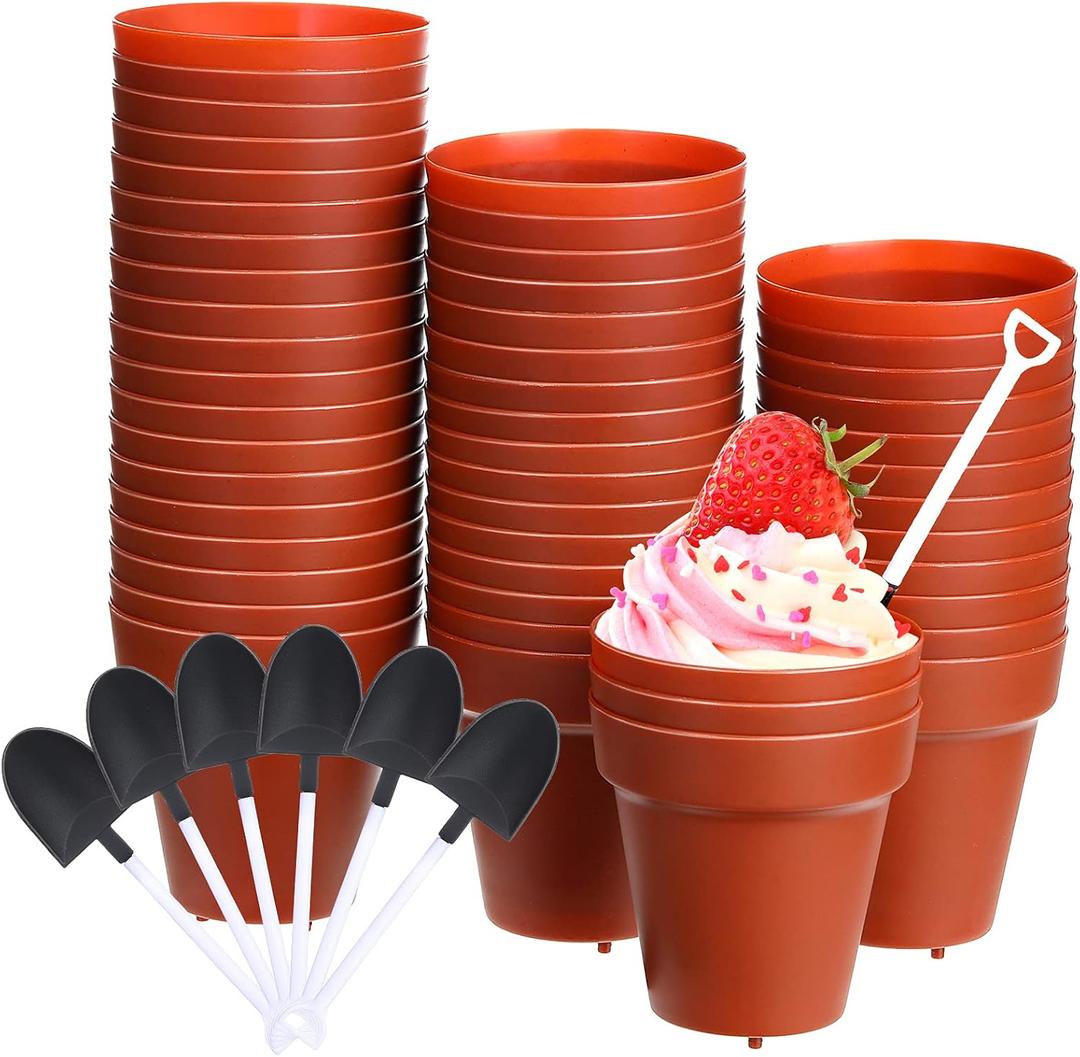 Patelai 50 Pack Flower Pot Dessert Cups with Shovel Spoons Plastic Cake Desserts Cups for Farmers Market Construction Birthday Party Baking Supplies, Ice Cream, Cupcakes, Yogurt, Pudding, 3 X 3 X 1.7 Inches