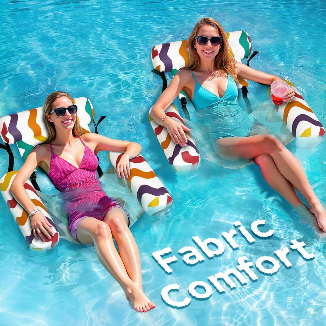 Funscape Pool Floats Chairs Adult, 2 Packs Heavy Duty Inflatable Swimming Pool Lounges, Fabric Floating Hammock Seat, Kid Blow Pool Noodle Lake Raft Floaties, Fun Summer Beach Water Party Game-Rainbow