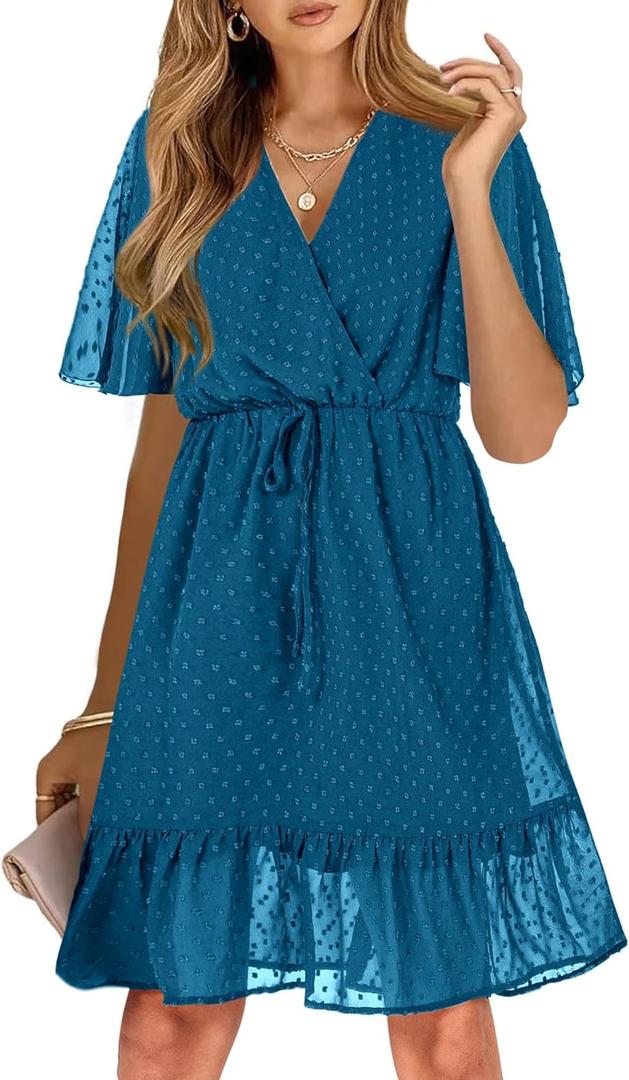 KIRUNDO Women's Summer Dresses 2025 Casual Short Sleeve V Neck Ruffle Floral Print High Waist Flowy Mini Dress with Belt (Large, Style2-lake Blue)
