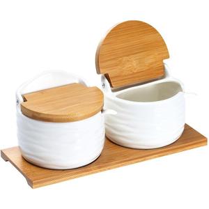 Ceramic Sugar Bowl with Bamboo Lids and Spoons Serving Tray, Porcelain Sugar Container for Sugar Tea Coffee Spice,Salt Condiment with Chalkboard Labels for Home Kitchen,9.1 fl oz 270 ML