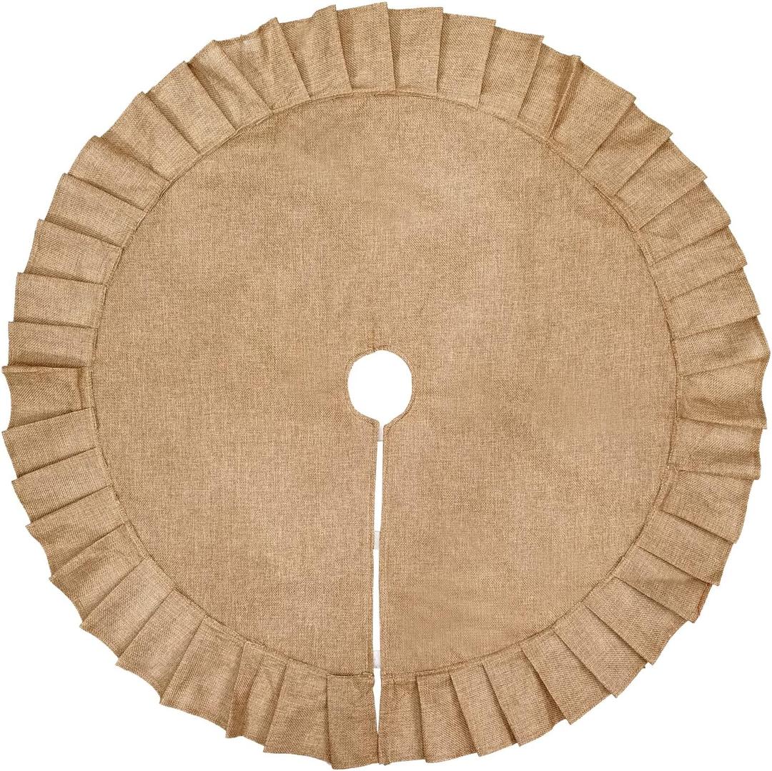 Christmas Tree Skirt Linen Burlap Tree Skirt with Ruffled Border Rustic Christmas Burlap Tree Skrit for Christmas Tree Holiday Decorations, 35 Inches