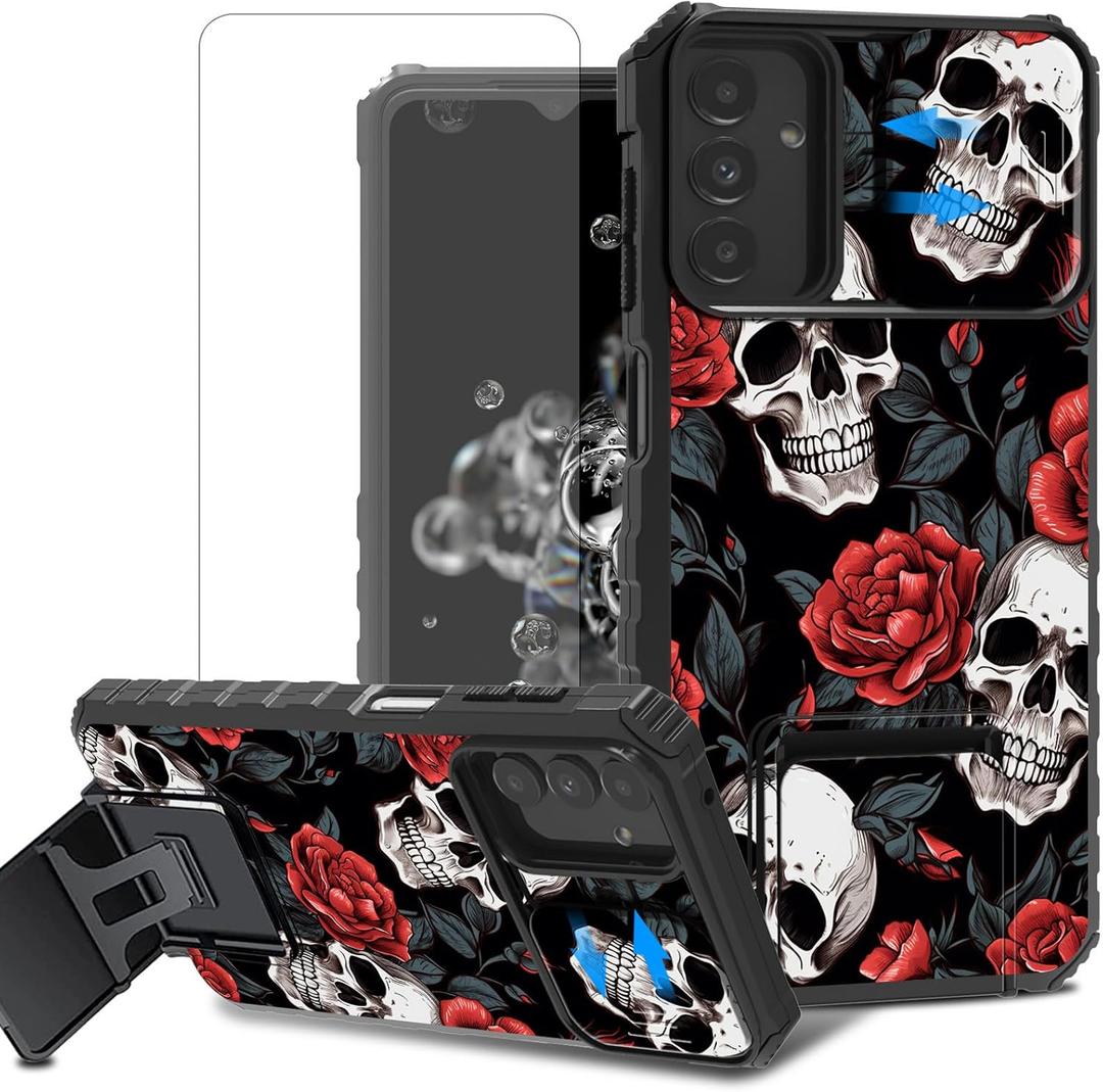 For Samsung Galaxy A13 5G/4G Phone Case with Screen Protector with Slide Camera Cover & Kickstand Dual Layer Hybrid Heavy Duty Shockproof Phone Case for Galaxy A13 5G/4G,Red Skulls Roses