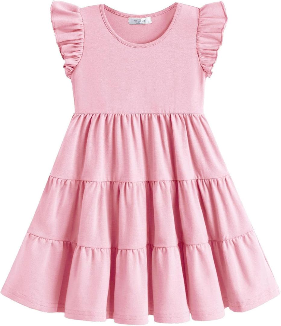 Arshiner Toddler Dress Girls Summer Ruffle Sleeve Tiered Swing Midi Casual Sundress with Pockets (2-3T, Pink)