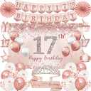 Trgowaul 17th Birthday Decorations for Girls, 30pcs Rose Gold Happy Birthday Party Supplies, 17th Crown and Sash, Banner, Hanging Swirl Flag, Balloons, 17 Year Old Party Decoration Set