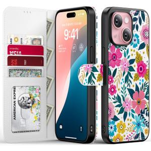 FUNMIKO for iPhone 14 Plus Case Wallet,Detachable Flip Folio Leather Cover,RFID Blocking 4 Card Slots Holder,Magnetic Kickstand,Protective Phone Shell for Women Girls,Blooming Flowers
