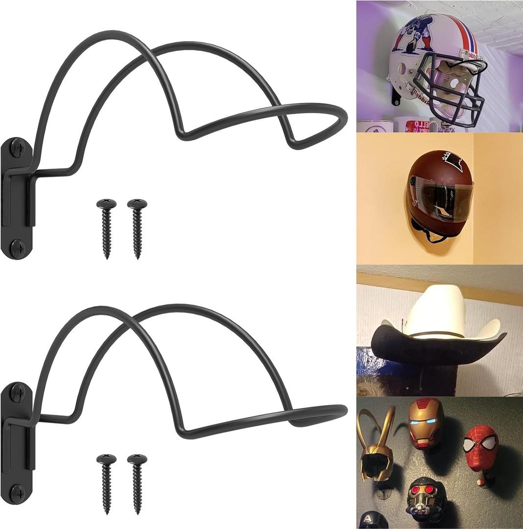 Helmet Wall Mount Display, Multifunctionnal Helmet Holder Shelf for Football Baseball Rugby Equestrian Motorcycle Firefighter Roma, Hat Mask Metal Hanger Rack with Screws, 2 Pack