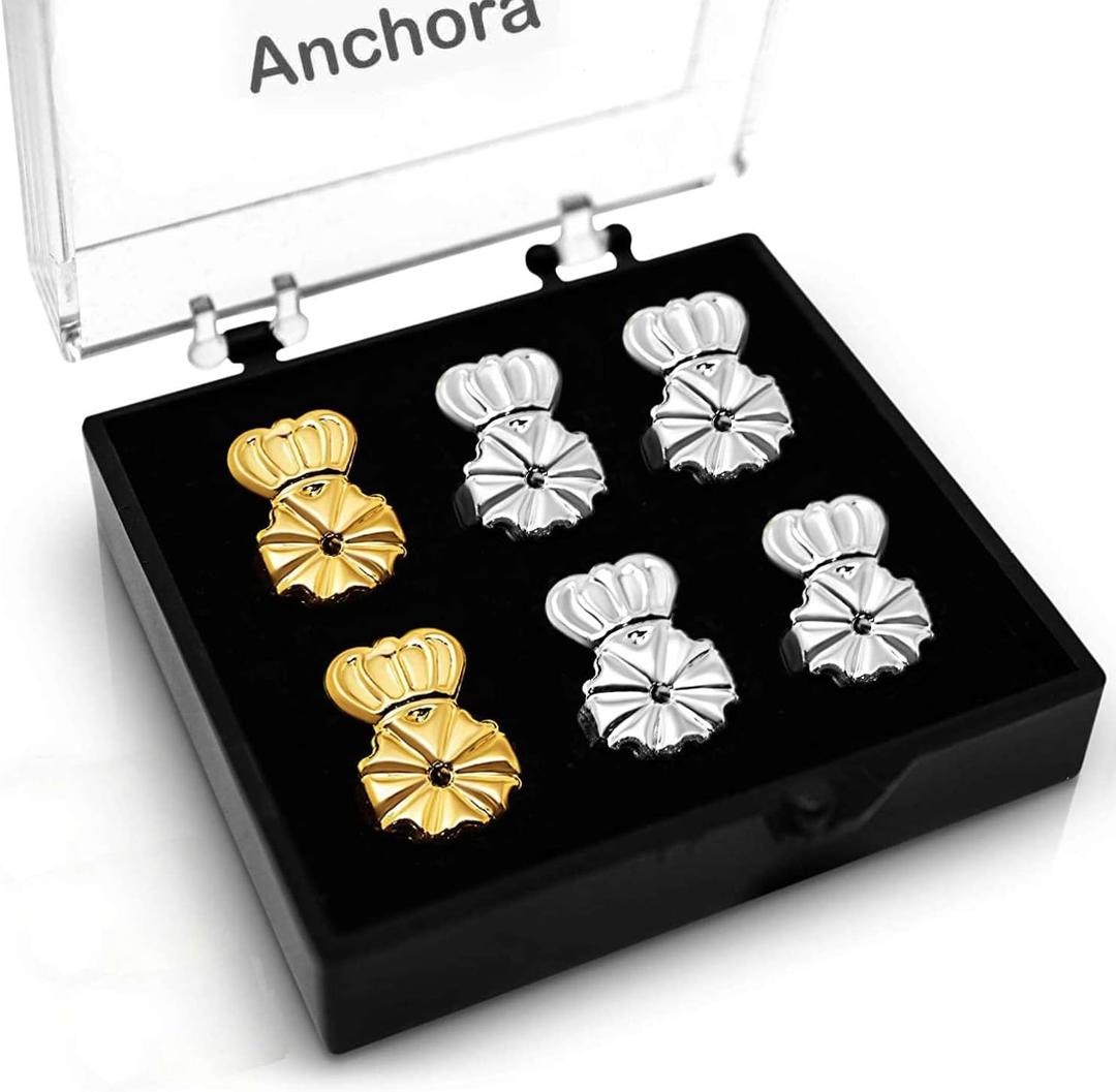 Anchora Original Magic Earring Backs for Droopy Ears | Earrings Lifters for Heavy Earring | Earlobe Secure Clear Miracle | Fits Standard 20G / 0.8mm Posts ONLY (2 Silver 1 Gold)
