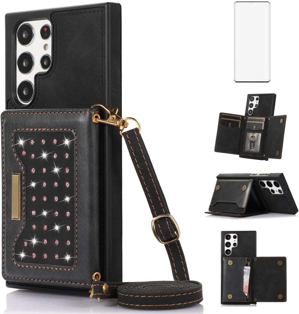 Asuwish Phone Case for Samsung Galaxy S22 Ultra 5G Wallet Cover with Screen Protector and Card Holder Slot Stand Leather Bling Glitter Cell Accessories S22ultra 22S S 22 S22ultra5g 6.8 Women Men Black