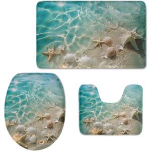 Flashideas Starfish Shell 3 Piece Bathroom Rug Set Non Slip Contour Mat Toilet Lid Cover and Bath Rug Absorbent Bath Mat Set Bath Mats Shower Mats Bath Rug Mat for Tub Toilet Bathroom
