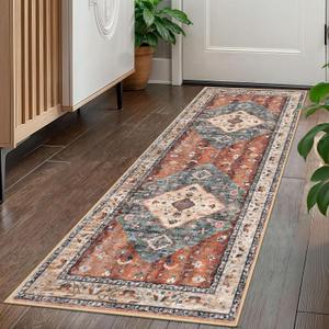 KOZYFLY Runners for Hallways 2x5 Ft Washable Kitchen Runner Rug Boho Runner Rug for Entryway Indoor Rust/Orange/Blue Printed Oriental Faux Wool Floor Carpet Runner for Laundry Room Kitchen Hall