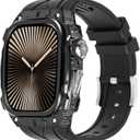 Luxury Metal Case for Apple Watch Series 10/11 46mm Band with Cover Heavy Duty Rugged Case Silicon Strap for men iWatch Series 10/11 46mm Full Protective Cover (Black)