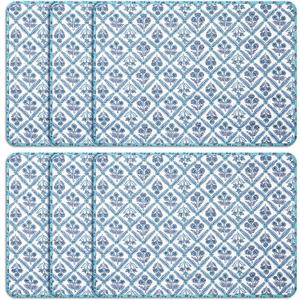 6 Pcs India Block Printed Floral Quilted Placemats 14.5 x 20 Inches Blue Flowers Rectangular Placemats for Kitchens, Dining Table Decorations, Parties, Weddings, Restaurants, Spring, Summer