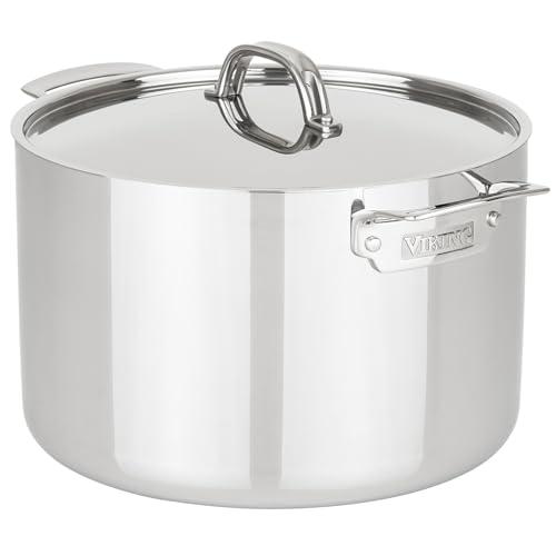 Viking 3-Ply Stainless Steel Stock Pot, 12 Quart Soup Cooking Pot with Lid, Kitchen Cookware, Dishwasher and Oven Safe, Induction Ready, Silver