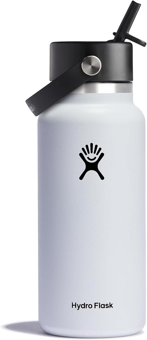 Hydro Flask Water Bottle - Insulated Stainless Steel - Wide Mouth Flex Straw Lid, Non Spill, Leakproof and Refillable in 32 Oz White